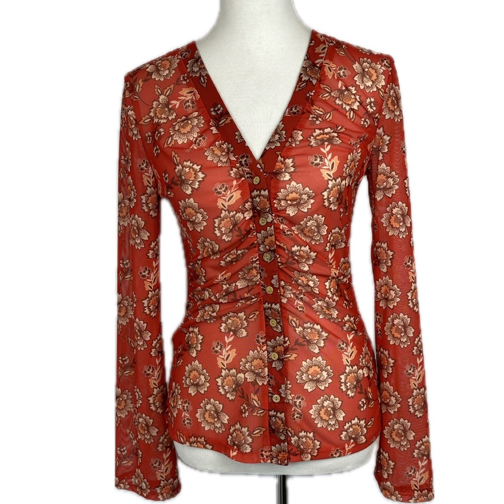 Mesh Floral Ruched Bell Sleeve Top Sz M V Neck Y2K Grunge Boho Hippie Festival